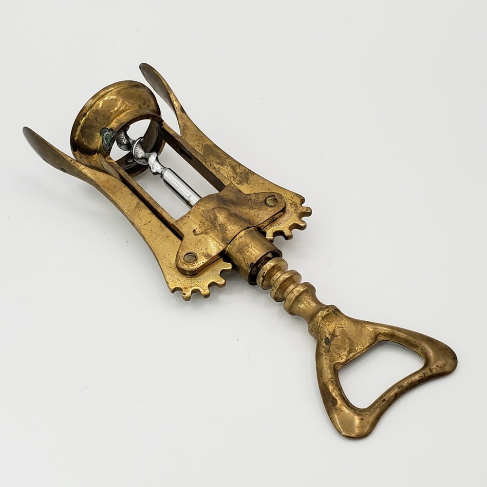 Vtg Solid Brass Corkscrew Bottle Opener Italy