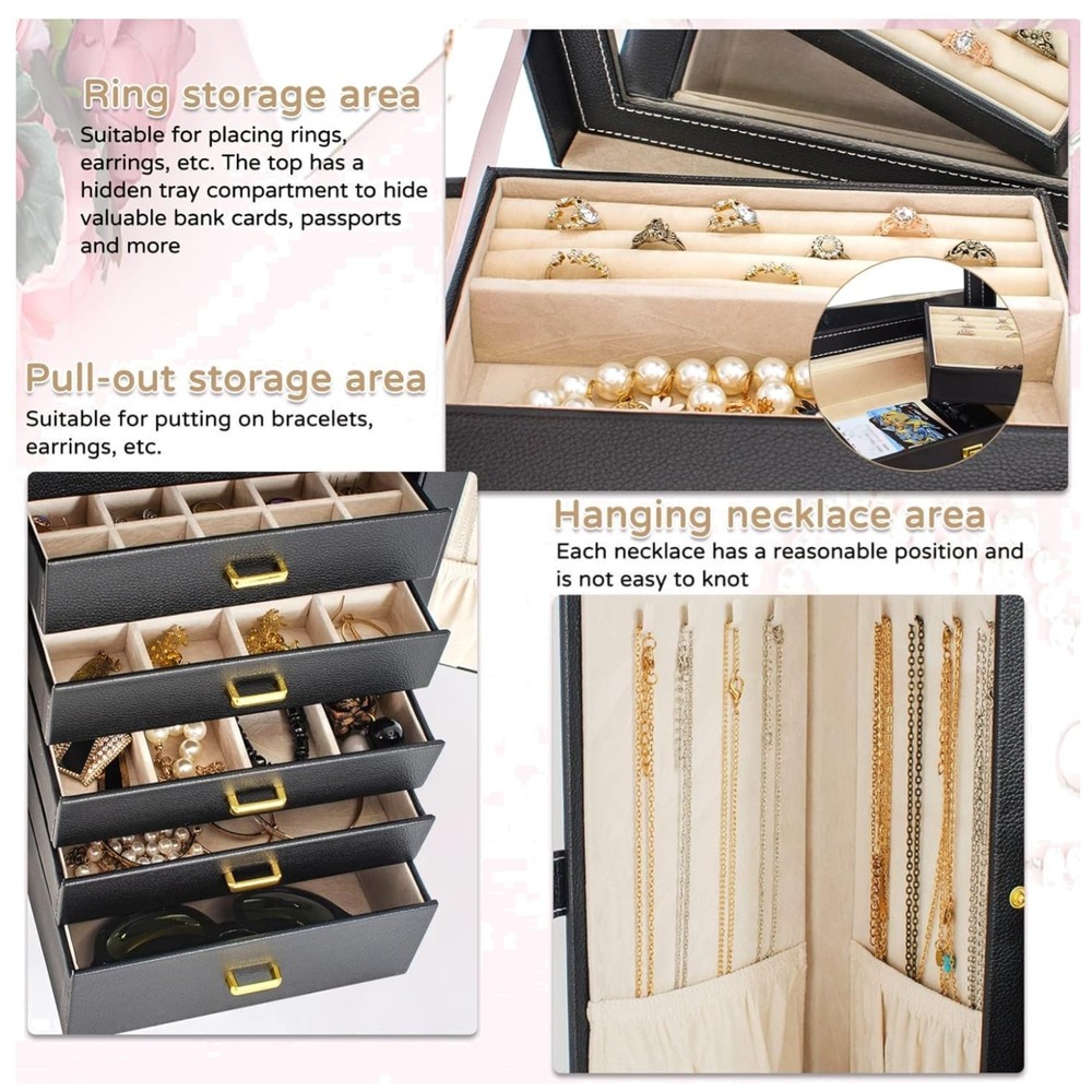 Extra Large Black Leather Jewelry Box Organizer