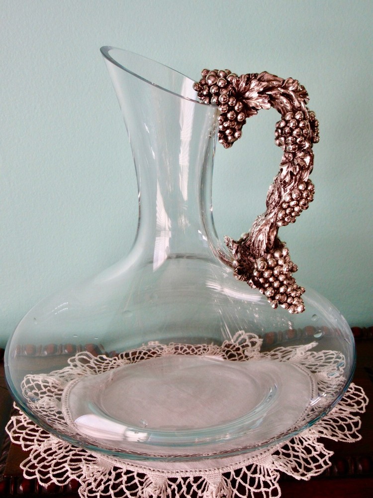 Wine Decanter Sterling Silver Grape Vine Handle Hand Blown Art Glass, Signed