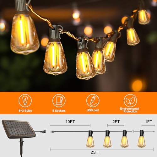 25FT Solar String Lights Outdoor Waterproof with Remote Control 8+2