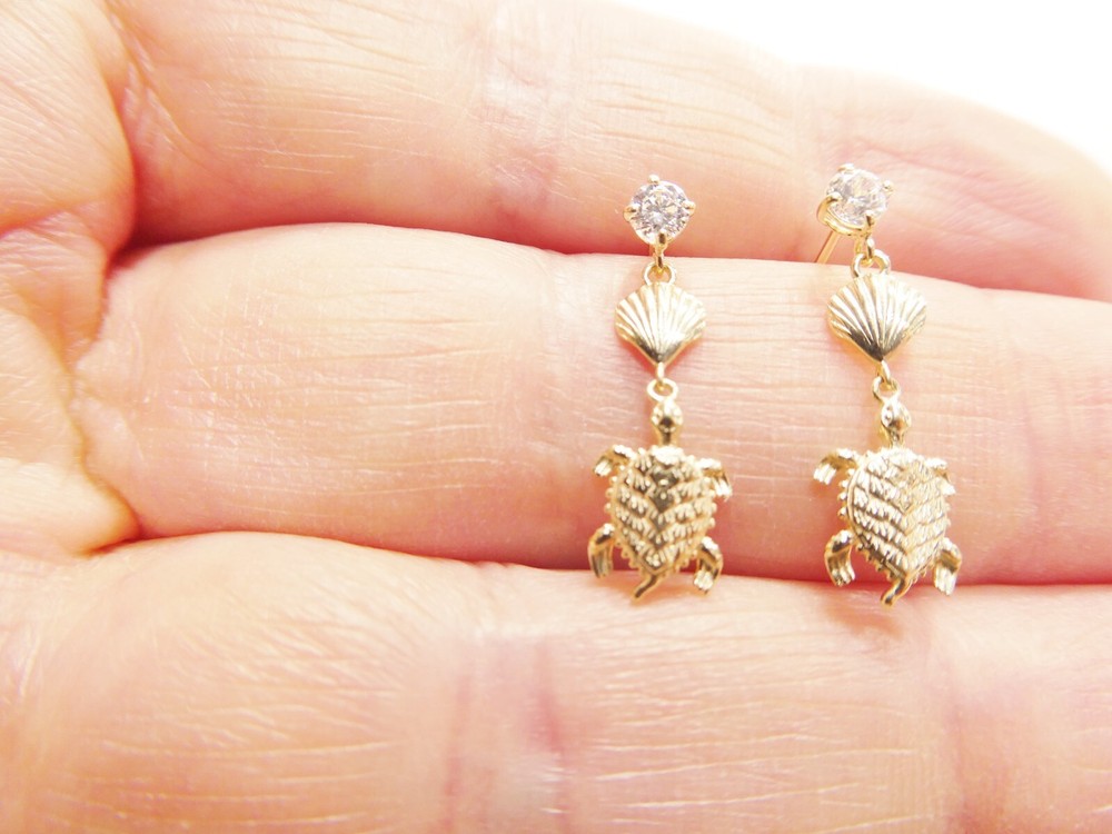 10K REAL SOLID YELLOW GOLD TURTLE DANGLING STYLE PUSH POST EARRINGS
