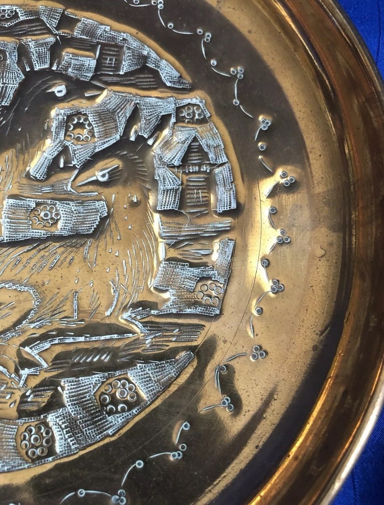 Vintage Hammered Copper? Brass? Plate Wall Hanging Two Deer Pattern
