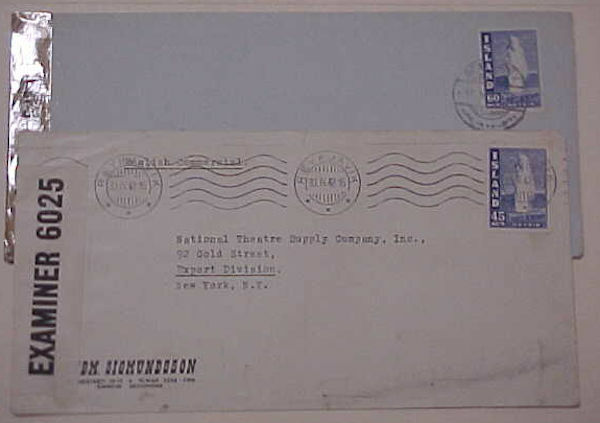 ICELAND  2 DIFF. CENSORED TO USA 1942,1943 LONG COVERS
