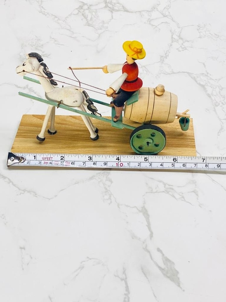 Vintage Handmade Horse Pulling a driver and Whiskey Barrel