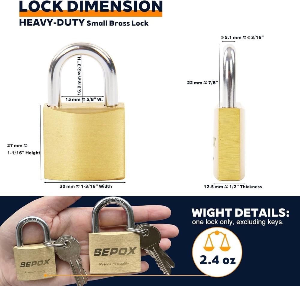 8-Pack Solid-Brass Padlocks, Keyed Alike 1-3/16'' Anti-Cut Shackle for Security