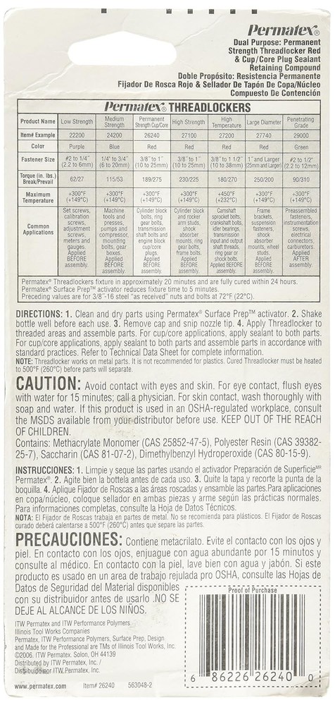 Permatex 26240 Permanent Strength Threadlocker Red 36 ml Bottle