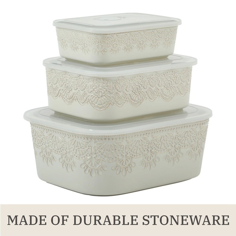 Vintage Lace 6-Piece Rectangular Ceramic Bakeware Set W/ Lids Serving Storage US