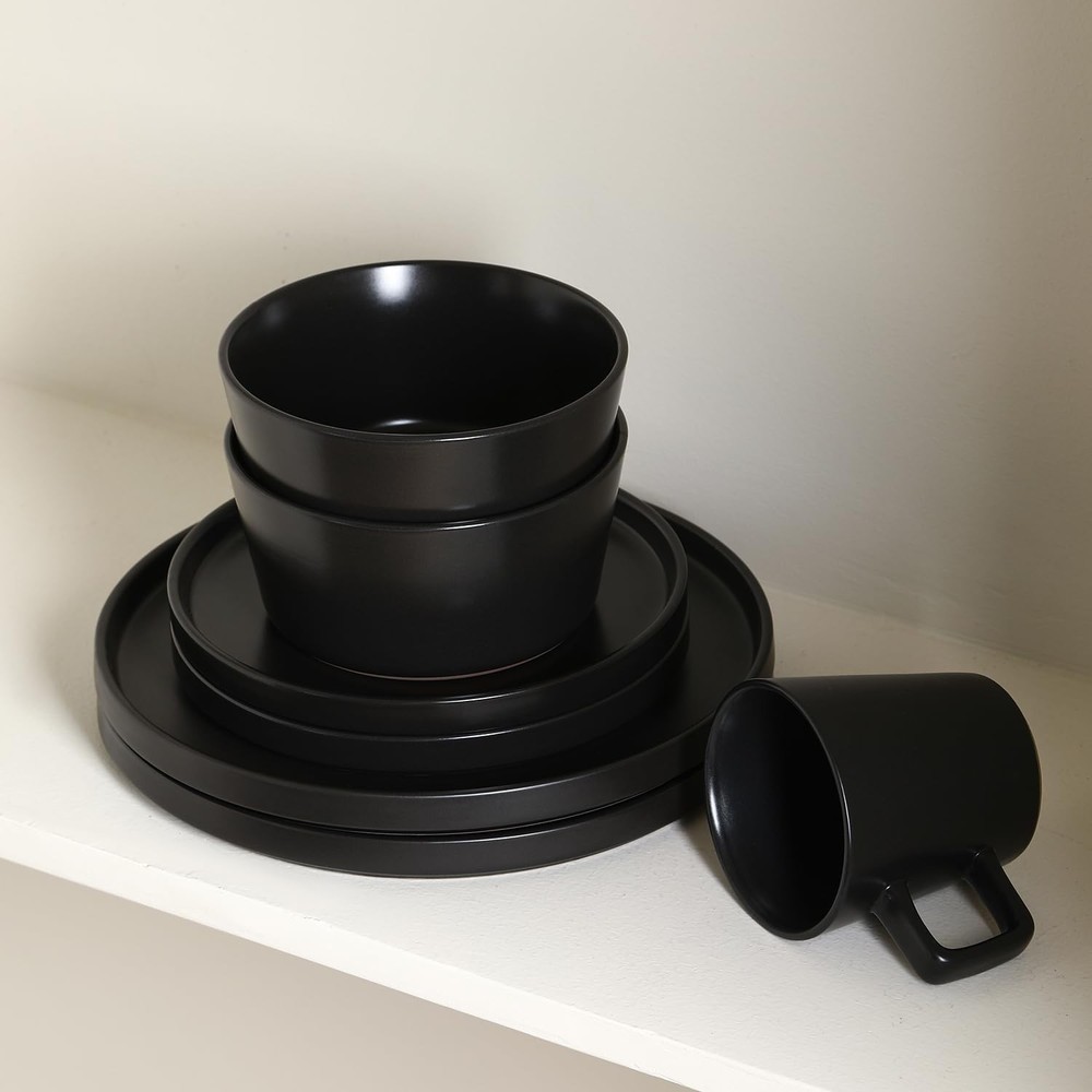 Stoneware Dinnerware Set 16 Pieces Black Matte Service for 4 Dishwasher Safe