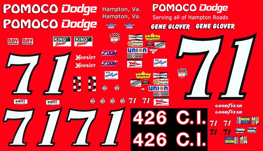 #71 Gene Glover Pomoco Dodge 1/24th - 1/25th Scale Waterslide Decals