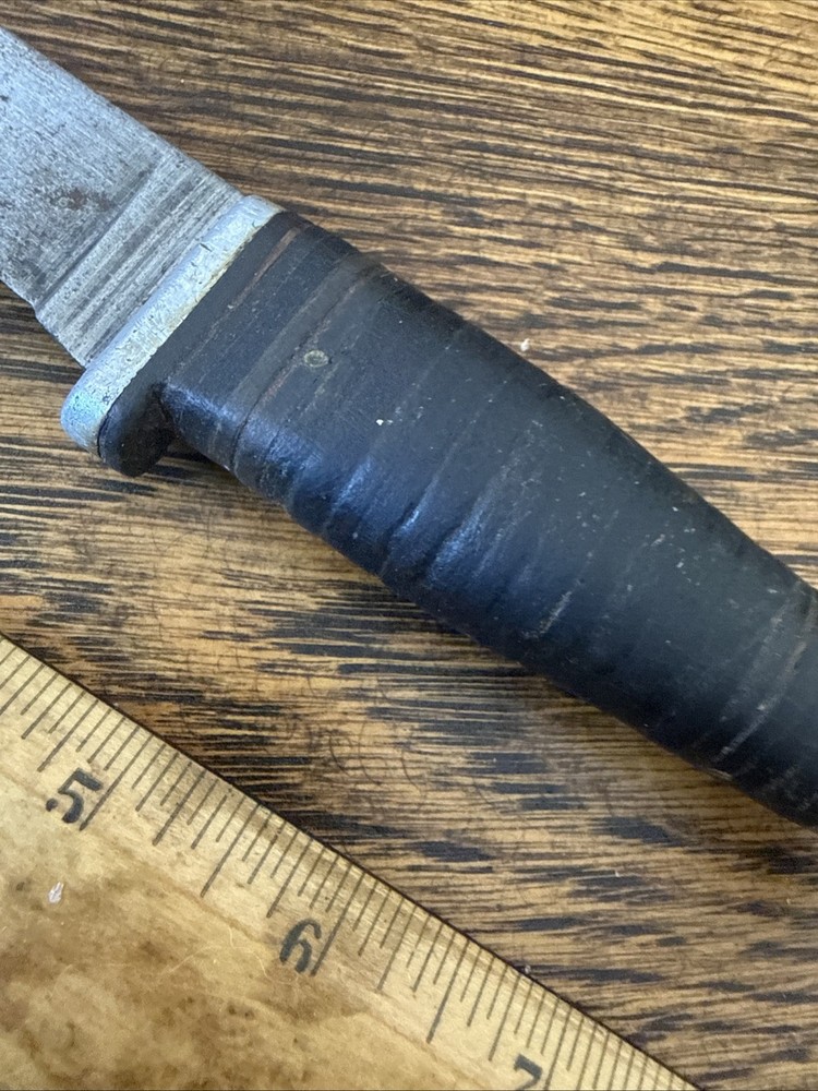 Vtg KINFOLKS Leather Washer Handle Fixed Blade Knife WW2 Used