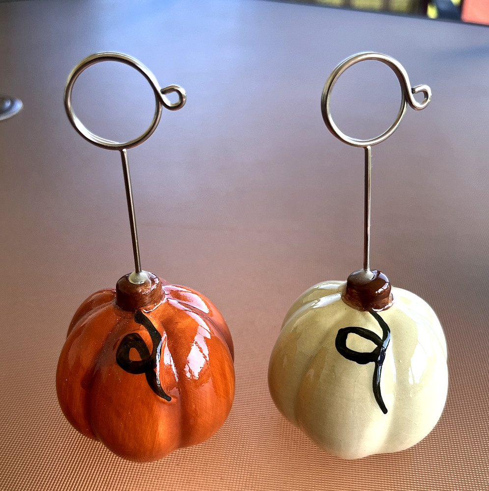 Ceramic Glazed Pumpkin Picture Recipe Note Holder Display Fall Thanksgiving 2-pc