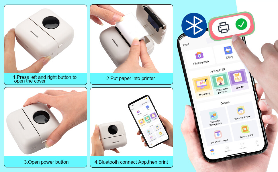 Mini Sticker Printer - Bluetooth Smart Pocket Inkless Thermal Printer w/10 Rolls