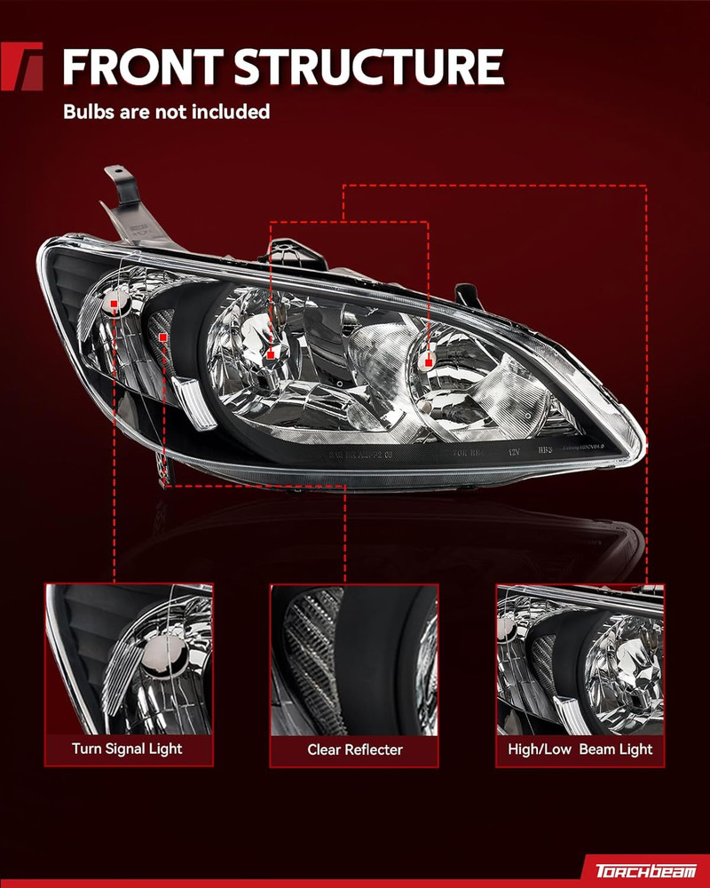 Headlights Assembly Compatible with 2004 2005 Civic OE Headlamp Replacement Blac