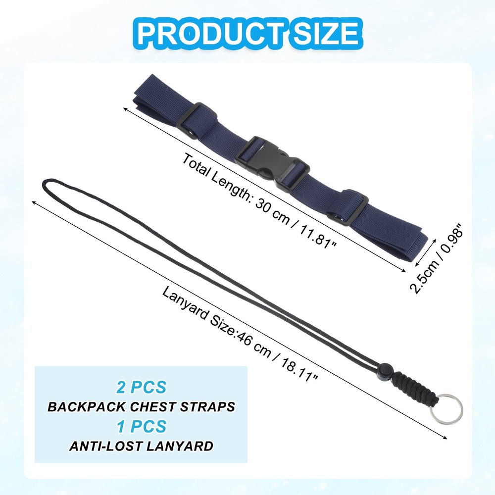 2 Pcs Backpack Chest Strap Set Strap with Anti-lost Lanyard Deep Blue