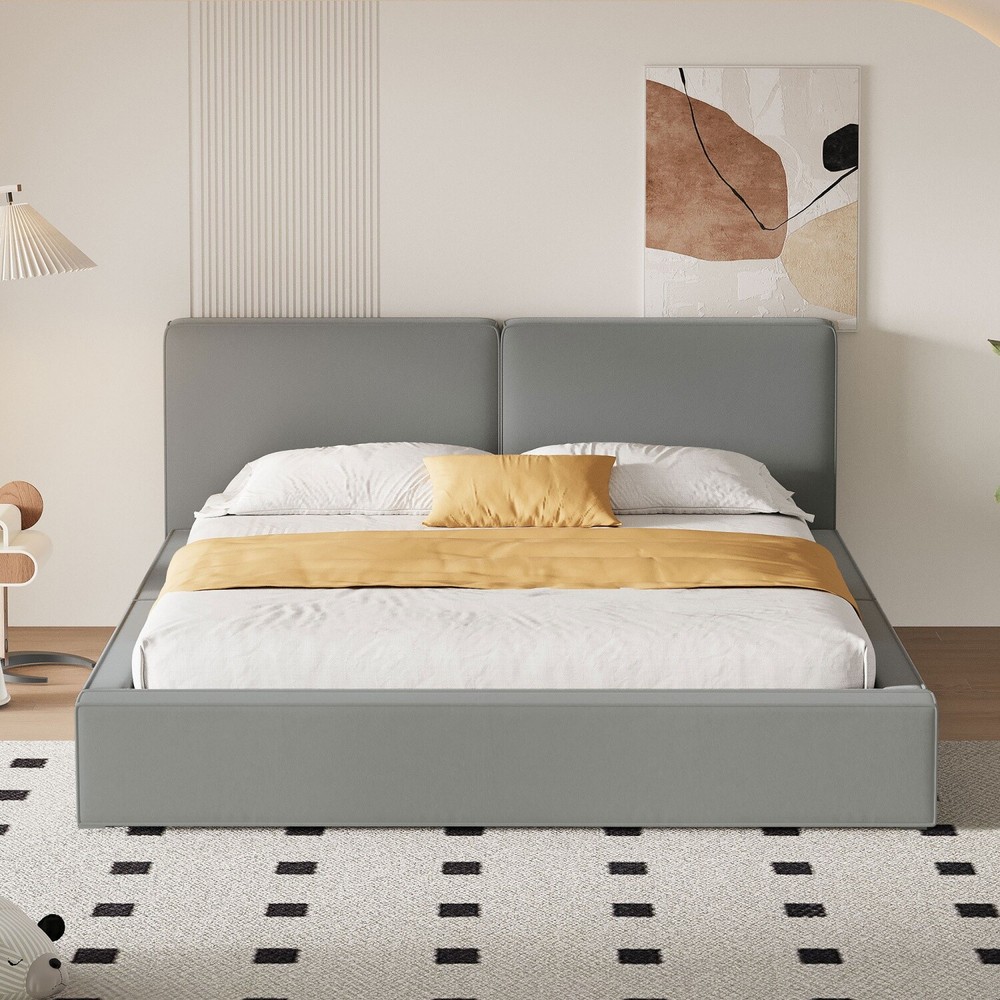 Queen Size Bed Frame Velvet Upholstered Platform Bed w/ Headboard Gray