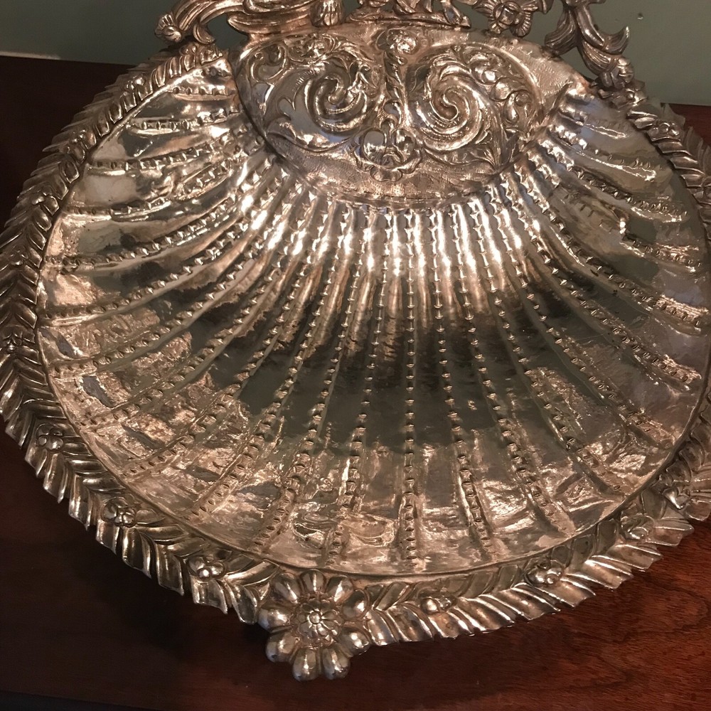 Large Antique Spanish Colonial Silver Baptismal Font Shell Dish