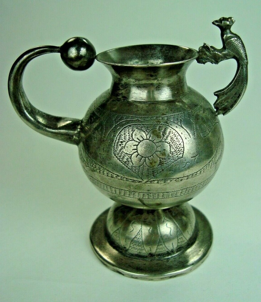 ANTIQUE SOUTH AMERICAN SOLID SILVER YERBA MATE TEA CUP WITH BIRD HANDLE