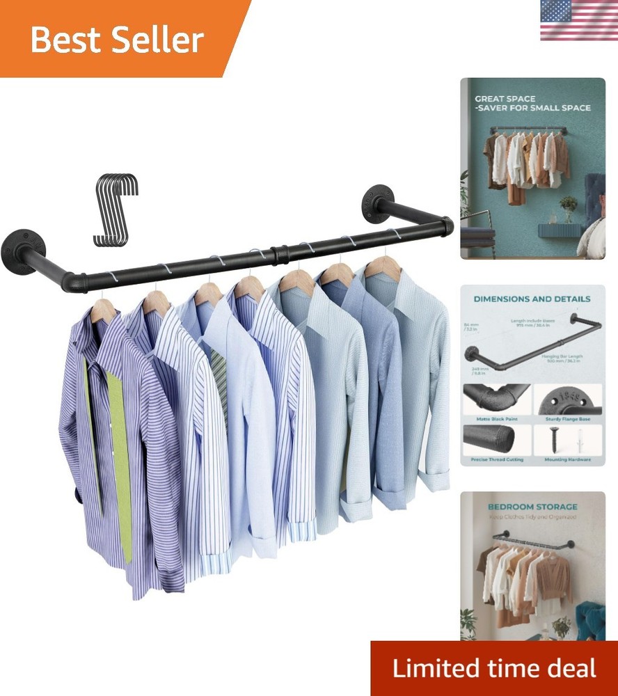 Industrial Pipe Clothing Rack 38.4" - Heavy Duty Wall-Mounted Storage Solution