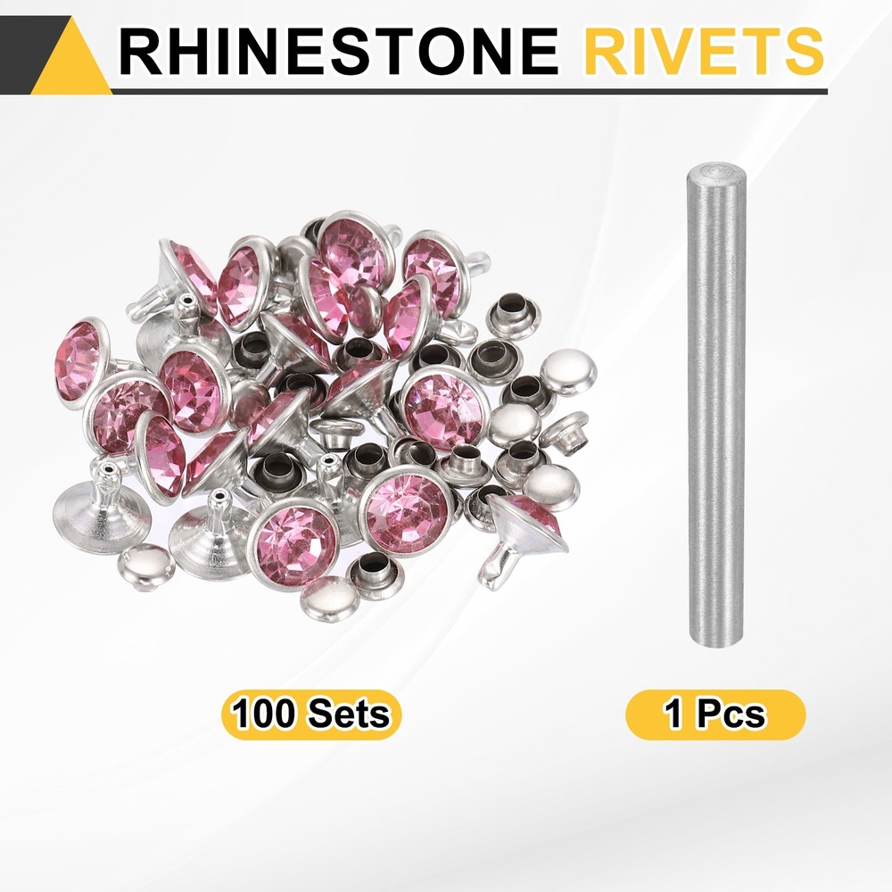 100pcs Crystal Rivets 10mm Rhinestone Stud with Installation Tool, Silver Pink