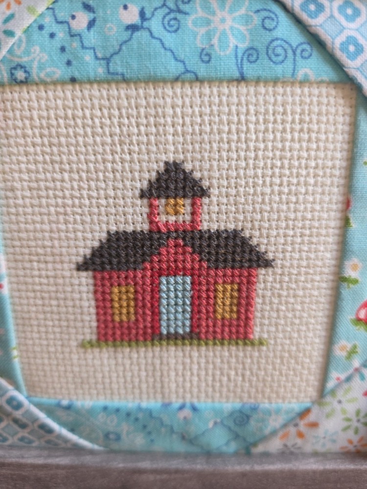 Completed Cross Stitch House School Church Framed Patchwork Matte