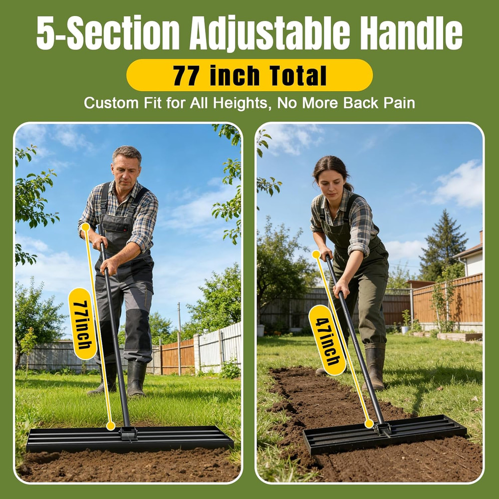 30" Lawn Leveling Rake with Adjustable Handle and Rotating Head, Steel Construct