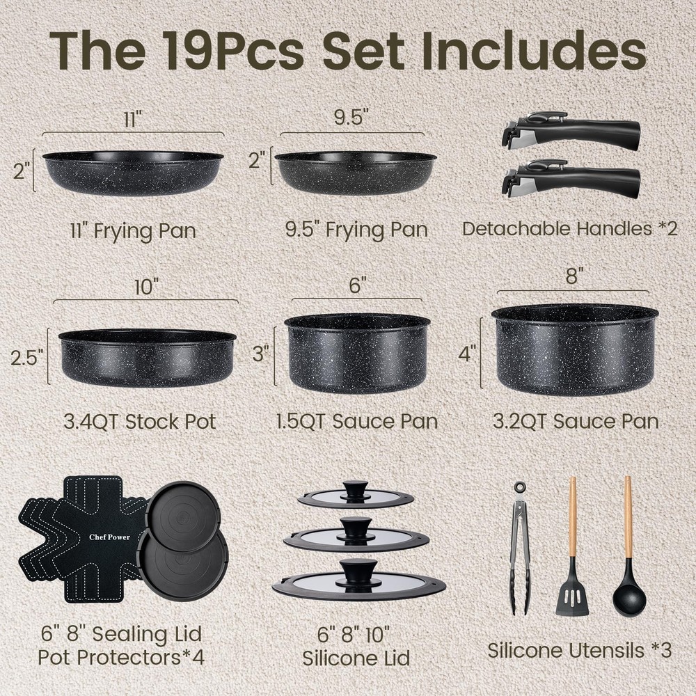 Ceramic Nonstick Cookware Set 19 Piece with Detachable Handle, Induction Dishwas