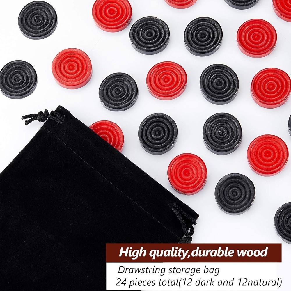 24 Pcs Wooden Checkers Pieces with Stackable Ridge in Drawstring Storage Pouch