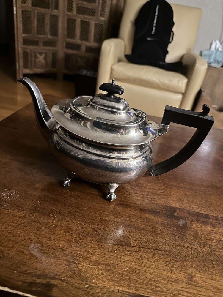 Beautiful Art Deco Teapot Silver Plate, footed, Bakelite handle Hallmarked