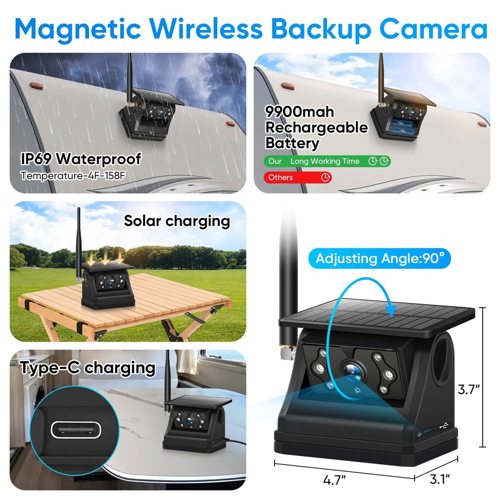 Magnetic Solar Wireless Backup Camera System with 7" IPS Touchscreen...