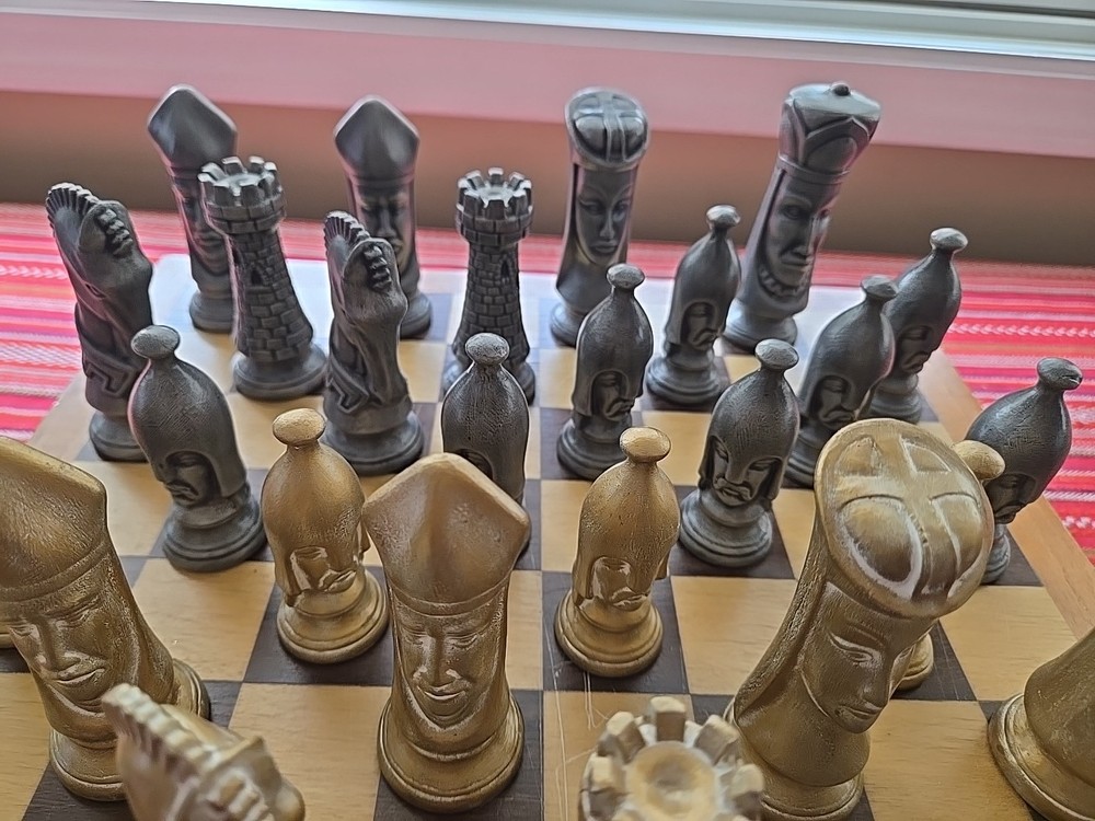 Vintage Glazed Ceramic Duncan Complete Chess Set With Board