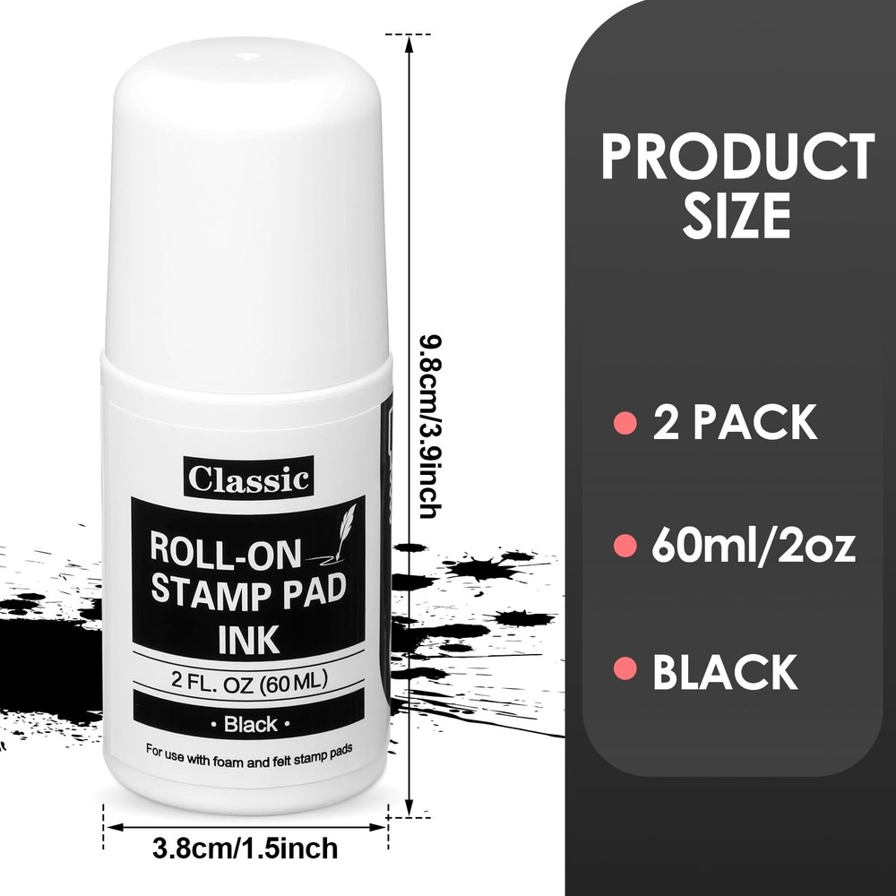 2 Pack Black Roll-on Stamp Pad Ink Refill 2 oz Roll-on Ink Refill Self Inking...