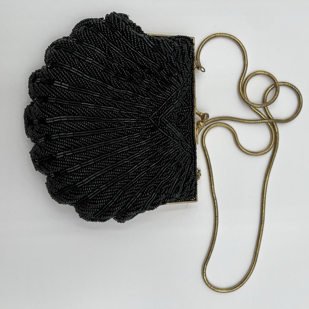 Clam Shell Black Beaded Vintage Clutch with Chain Strap