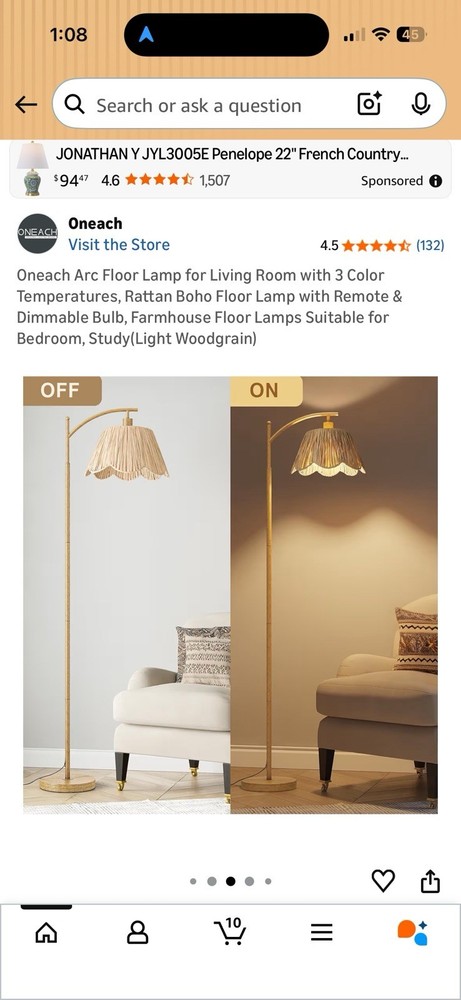Oneach Arc Floor Lamp with Remote Control Three Colored Temperature