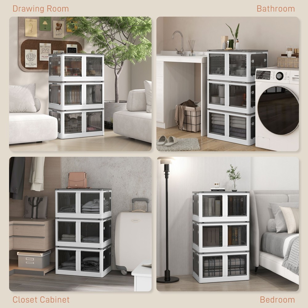 Stackable Storage Bins with Lids, Wheels, and Collapsible, White