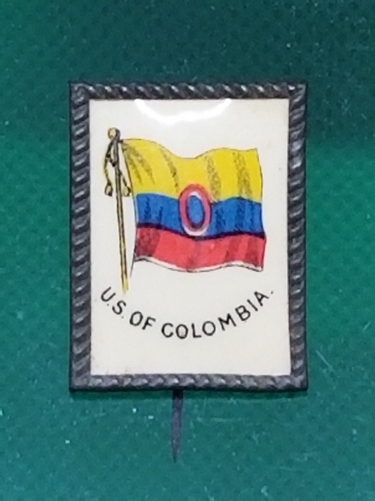 🔥RARE 1890s Drinkwares Java Coffee☕ US of COLOMBIA Flag Pinback Button - NICE!