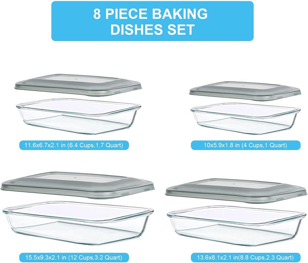 8 Pieces Glass Baking Dish with Lids Rectangular Glass Baking Pan Bakeware Set