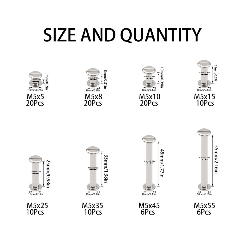 204PCS Assorted M5 Chicago Screws Stud Posts Rivets for DIY Leather Craft Use