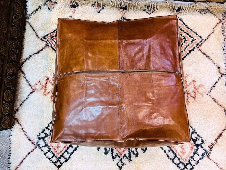 30'' Large Brown Moroccan Leather Pouffe Boho Ottoman Unstuffed Genuine