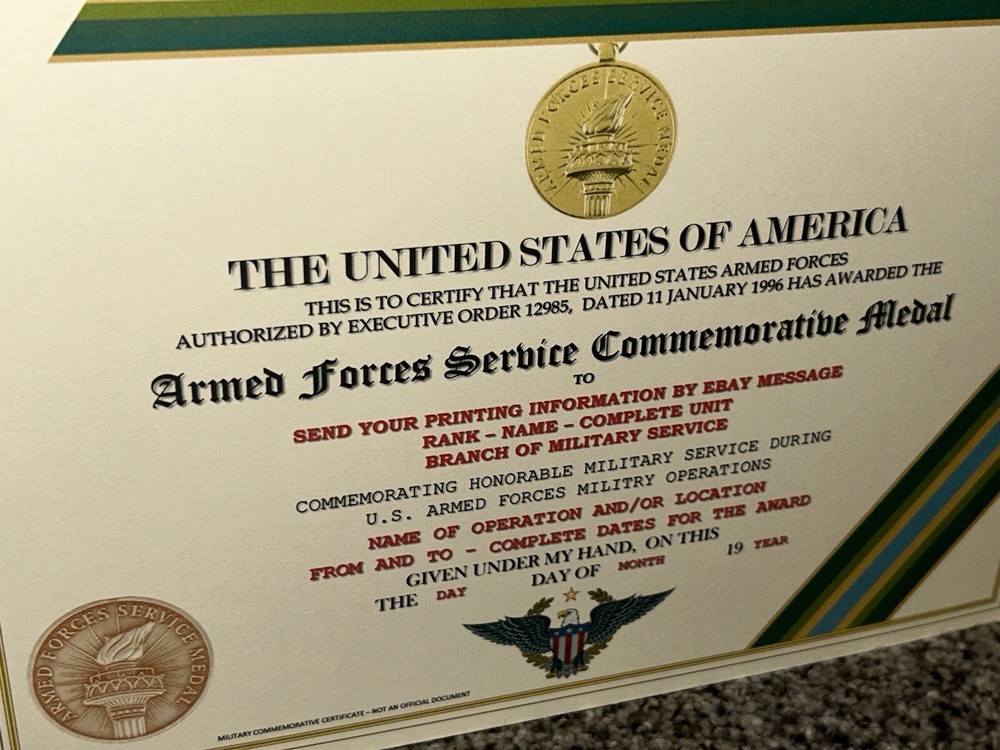 ARMED FORCES SERVICE MEDAL COMMEMORATIVE CERTIFICATE ~ W/PRINTING TYPE-1