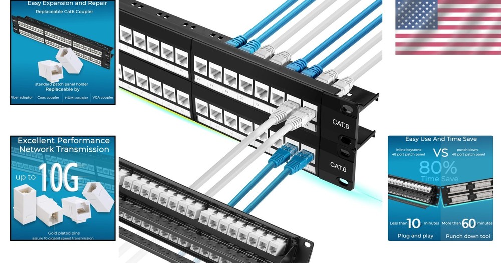 High-Speed 48 Port Cat6 Patch Panel with Toolless Termination & Detachable Bar
