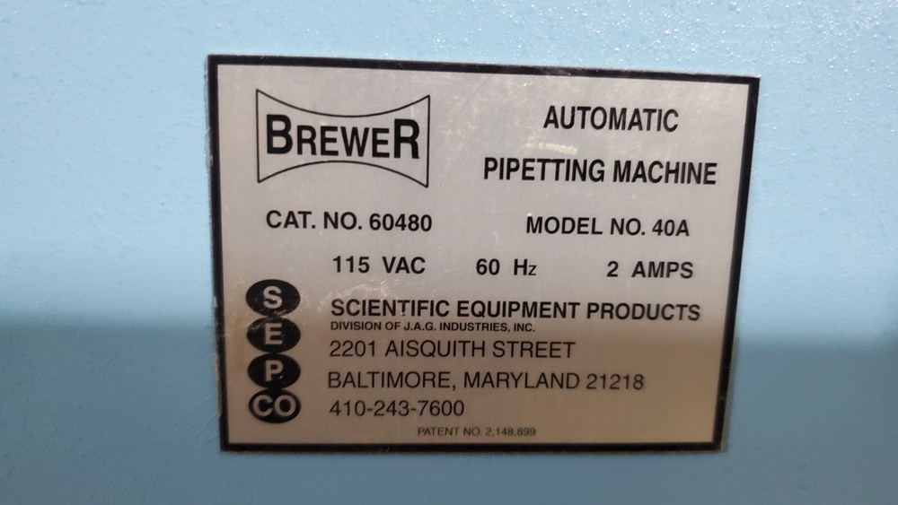 BREWER CAT # 60480 MODEL 40A AUTOMATIC PIPETTING MACHINE