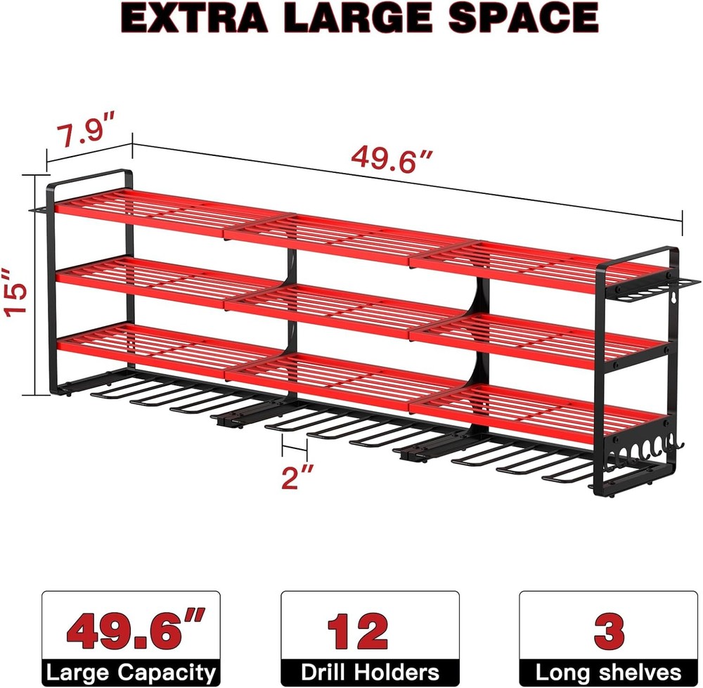 48" Power Tool Organizer Wall Mount 12 Drill Holder Garage Workshop Heavy Duty