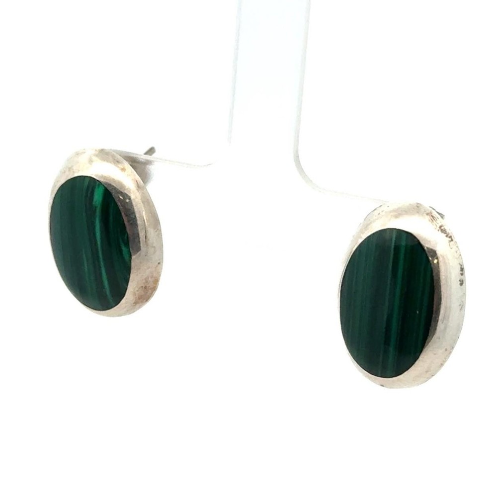Native American .925 Sterling Silver Malachite Stud Earrings, 4.1g