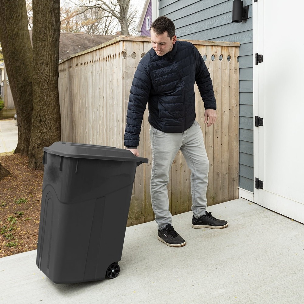 Hyper Tough 45 Gallon Wheeled Heavy Duty Plastic Garbage Can, Attached Lid