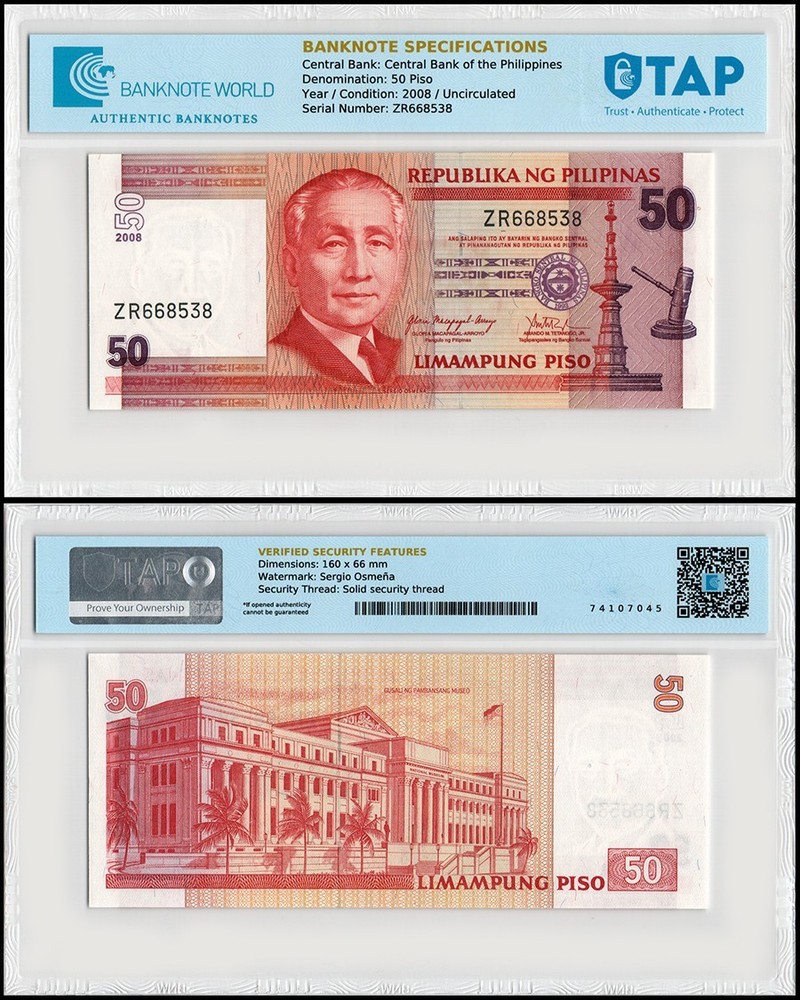 Philippines 50 Piso, 2008, P-193b.3, UNC Authenticated
