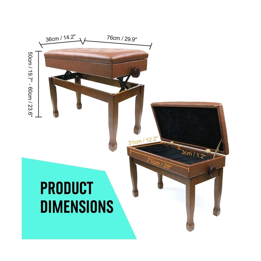 Adjustable Height Piano Bench with Storage, Solid Wood Duet Keyboard Stool, W...