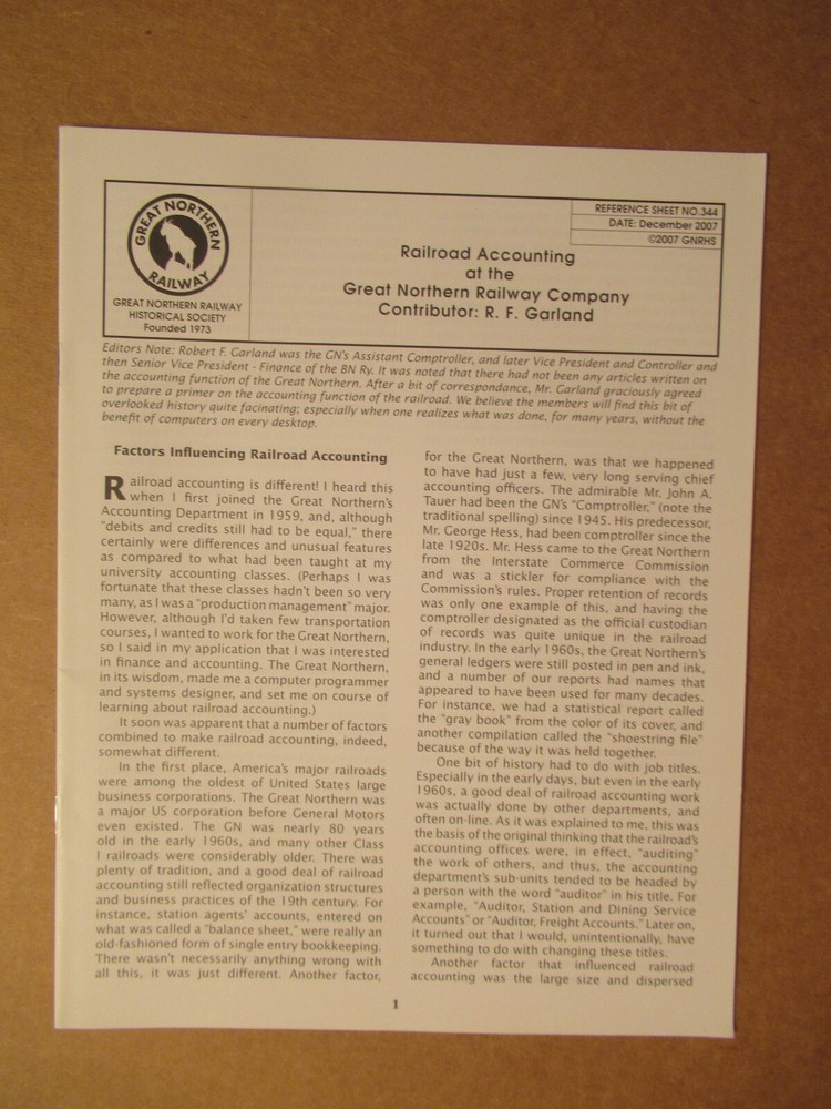 Great Northern Reference Sheet 344 Railroad Accounting