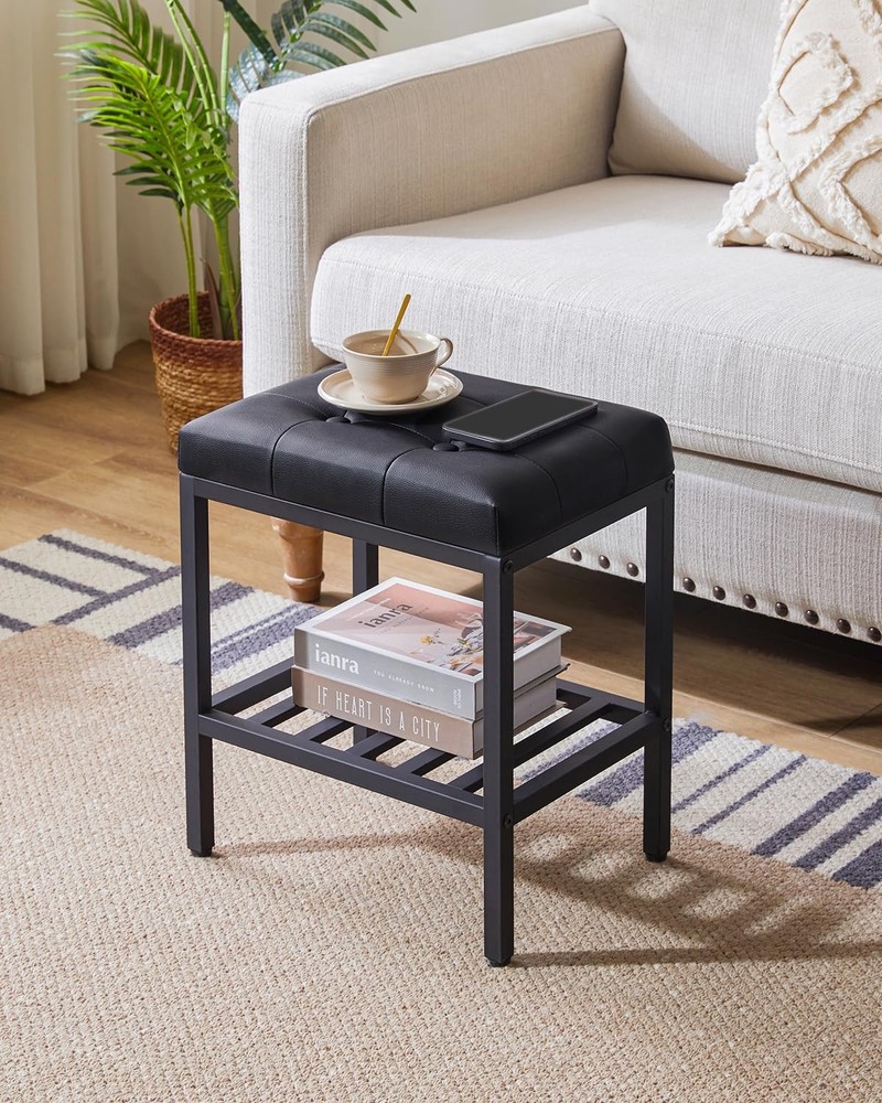 Rectangular Makeup Stool Adjustable Feet Storage Space PU Vanity Seat Black