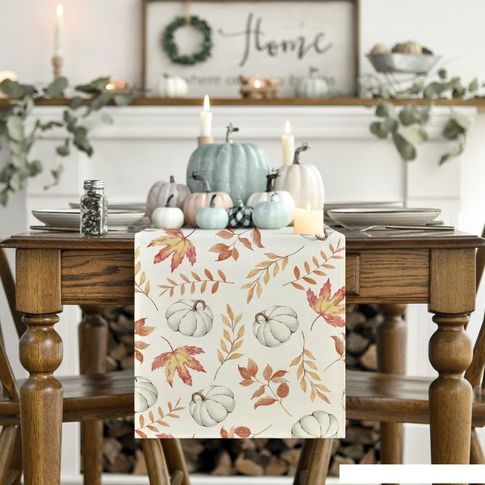 Maple Leaves Table Runner, Fall Home Decor, Orange Pumpkins, 13x72 Inch