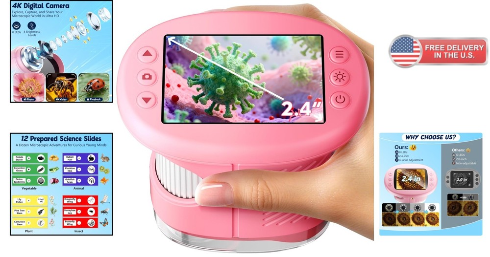 Plastic Handheld Microscope for Kids with 4K Screen and 12 Slides Educational